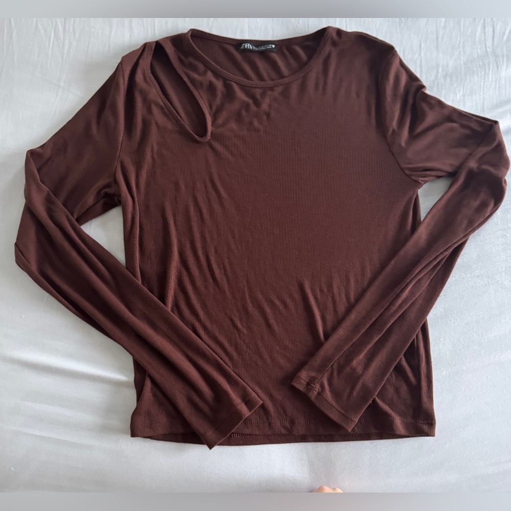 Zara Brown Ribbed Long Sleeve Cutout Top Sz Large Minimalist Neutral Fall Layer
